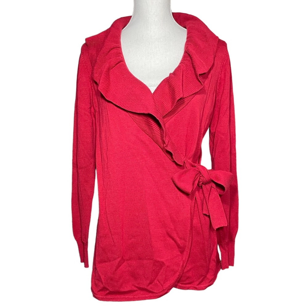 Cotton Blend Wrap Cardigan M Sweater Ruffle Ava Christmas Red Knit